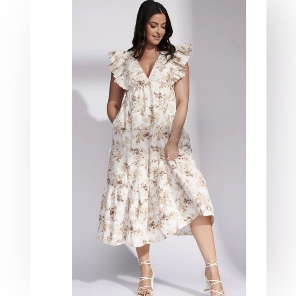 Abercrombie & Fitch Cream Floral Ruffle Midi Dress
